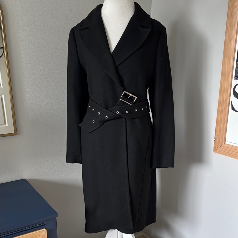 Black Trench Coat with Wide Lapel and Belt